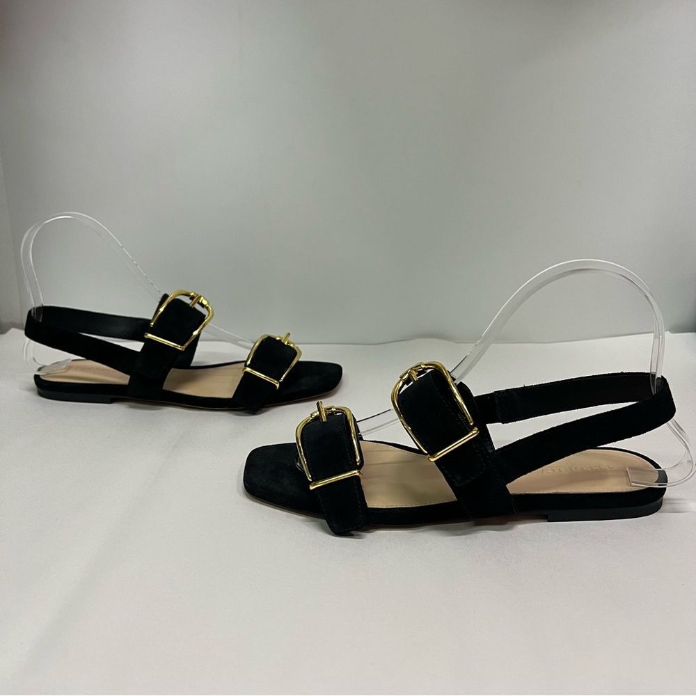 Veronica Beard Black Suede Slingback Sandals with Gold Buckles - Picture 5 of 10